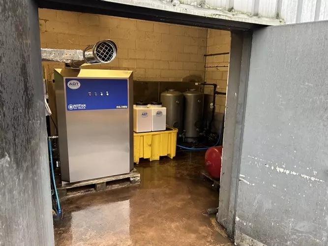 New Nilfisk SH Truck static pressure washer installation completed for a fleet cleaning company in Tamworth. The system was installed to replace an older Neptune 7 setup and features a new flue system, water softener, low-level protection systems, and upg